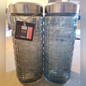 Set of 2 NEW grayish-blue 74 oz. glass storage jars